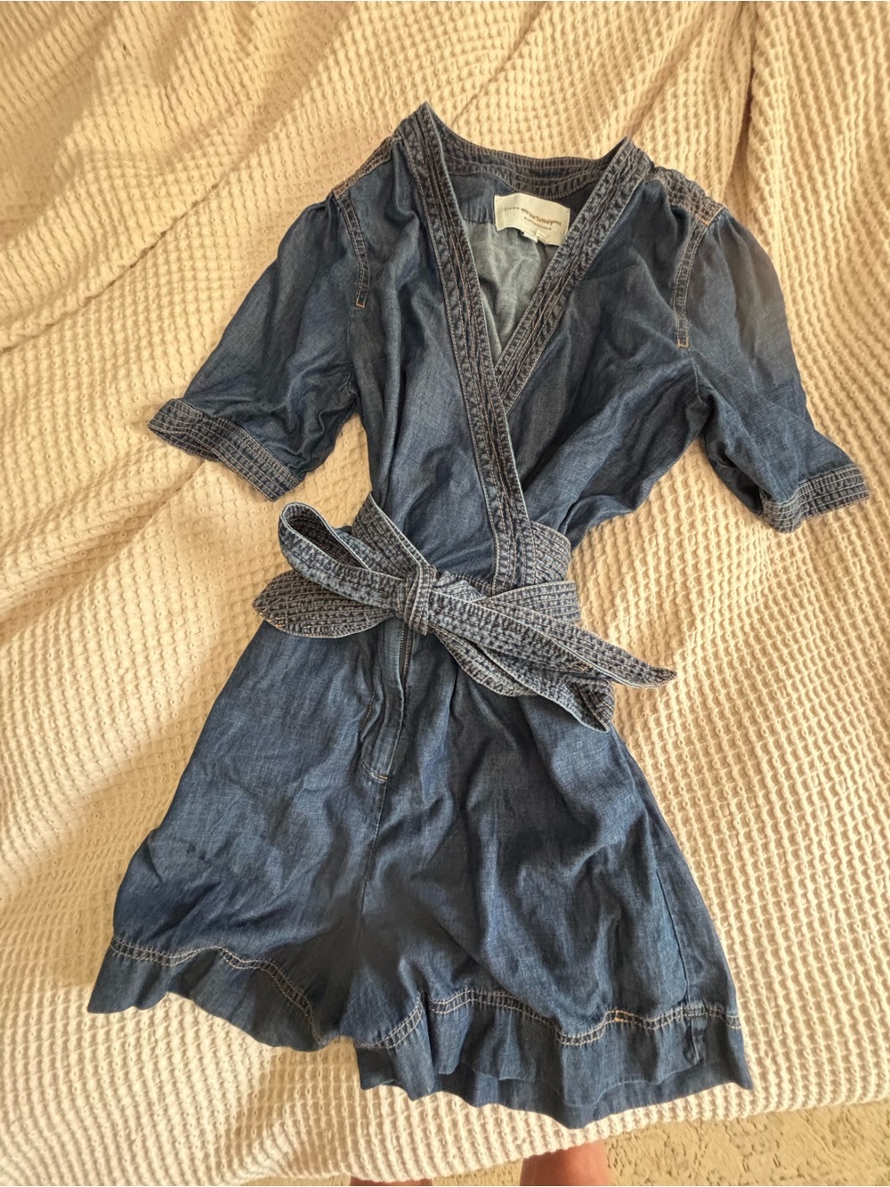 Anthropologie Denim Wrap Romper in Dark Blue